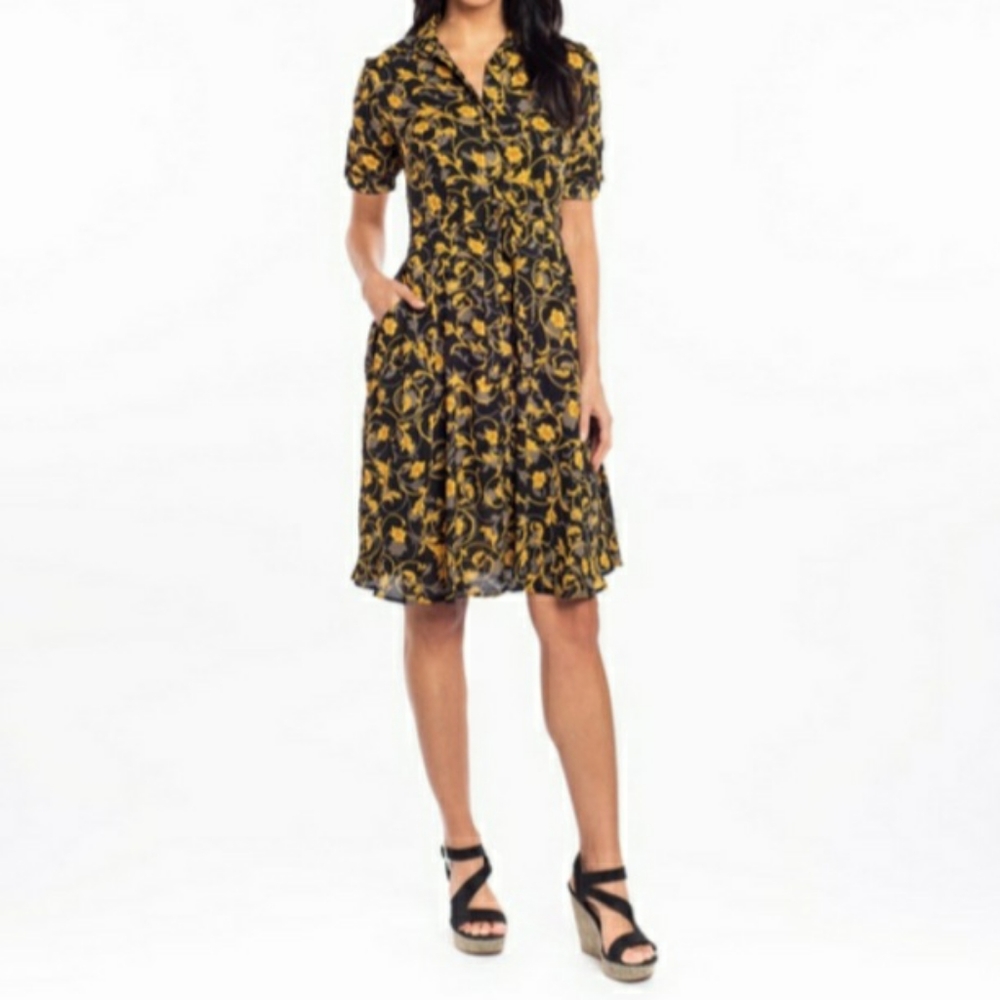 Long Sleeve FloralPrint Pin tuck Shiftdress Black Yellow Nanette Lepore - Picture 3 of 12
